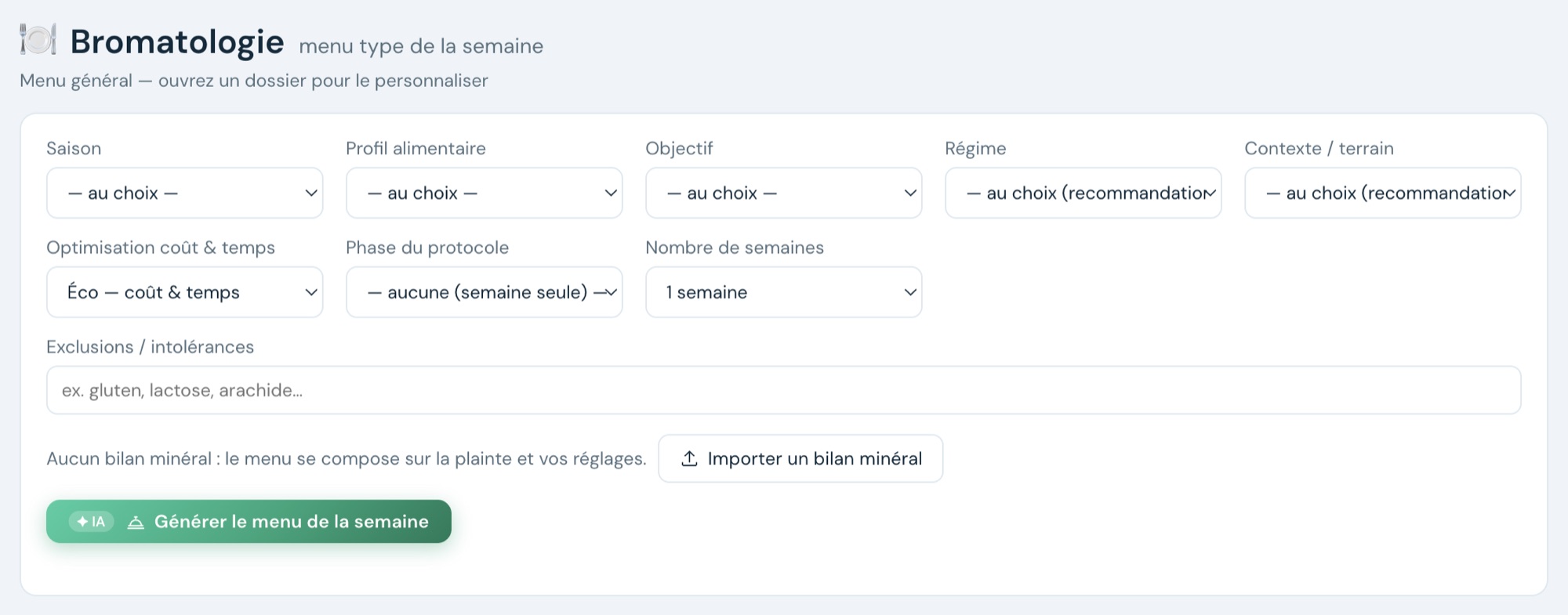 L'onglet Bromatologie de Naturhomeo Naturo : saison, profil alimentaire, objectif, régime, contexte, phase du protocole, nombre de semaines et exclusions