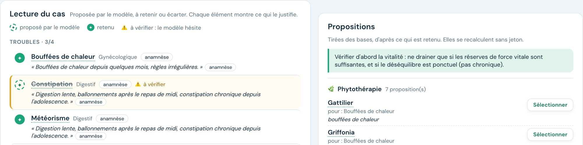La lecture du cas dans Naturhomeo Naturo : les troubles relevés dans le récit, chacun avec sa citation, un élément à vérifier, et les propositions tirées des bases
