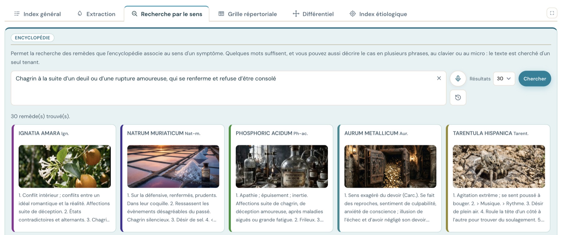 La recherche par le sens du Grand Répertoire : une phrase décrivant un chagrin de deuil ou de rupture, et les remèdes proposés, Ignatia amara et Natrum muriaticum en tête